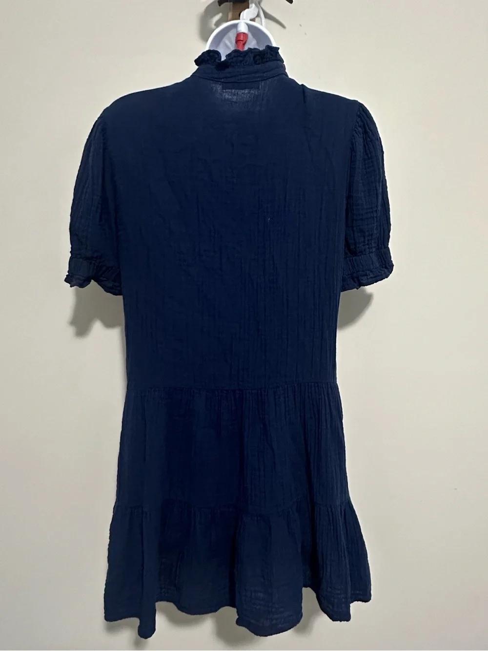 Stark X Navy Cotton Gauze Tiered Button Front Mini Dress | Ruffle Collar - Picture 7 of 10